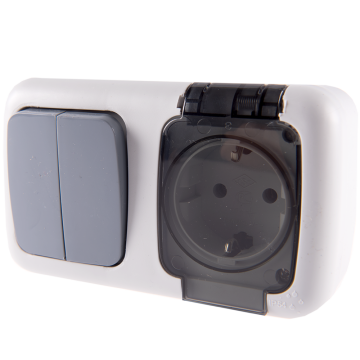 Intrerupator dublu + Priza Elegant, Comtec MF0012-85803, gri, montaj aparent, IP54
