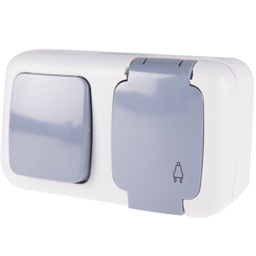 Intrerupator simplu + priza Elegant, Comtec MF0012-85800, gri, montaj aparent, IP54