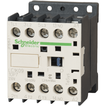 Contactor TeSys K, Schneider LC1K0910P7, 3P AC-3 440V 9A - aux 1NO - 230V Ac bobina