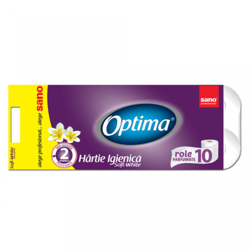Hartie igienica Sano Optima, 100% celuloza, alb, 2 straturi, 10 role