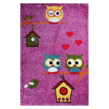 Covor modern Fantasy 12005/170, polipropilena, roz cu bufnite mici, 120 x 170 cm