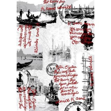 Covor modern Platin Venice 4076, polipropilena, model litere alb, negru, rosu, 80 x 150 cm