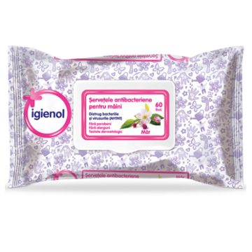 Servetele umede antibacteriene pentru maini Igienol, mar, 60 buc