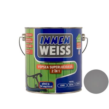 Vopsea superlucioasa Innenweiss 2 in 1, interior si exterior, gri, 2,4 L