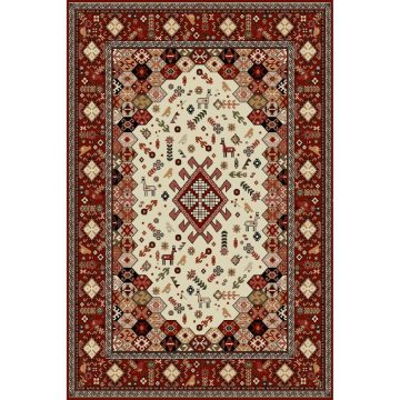 Covor modern Lotus 1535/210, polipropilena heat-set, model floral bej-visiniu, 80 x 150 cm