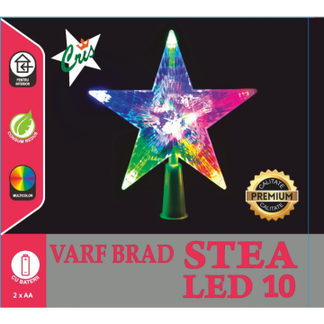 Varf brad tip stea Craciun, Cris, 10 LED-uri multicolore, 15,5 cm, alimentare baterii