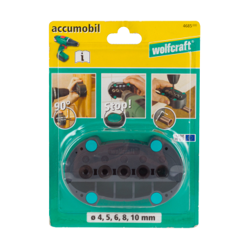 Dispozitiv de ghidare pentru gaurire, Wolfcraft, plastic, 5 bucse de gaurire metalice ø 4, 5, 6, 8, 10 mm