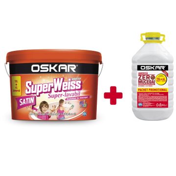 Vopsea lavabila interior Oskar SuperWeiss, rezistent la mucegai, alb satin, 15 l + 4 l Oskar Amorsa Zero Mucegai
