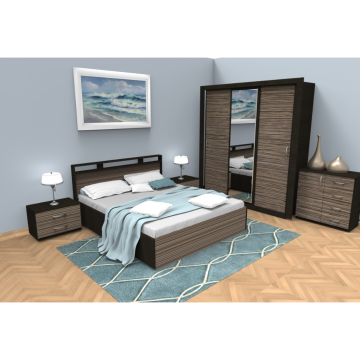 Dormitor modern Ruxandra, PAL melaminat, pat + dulap + noptiere + comoda, wenge-zebrano