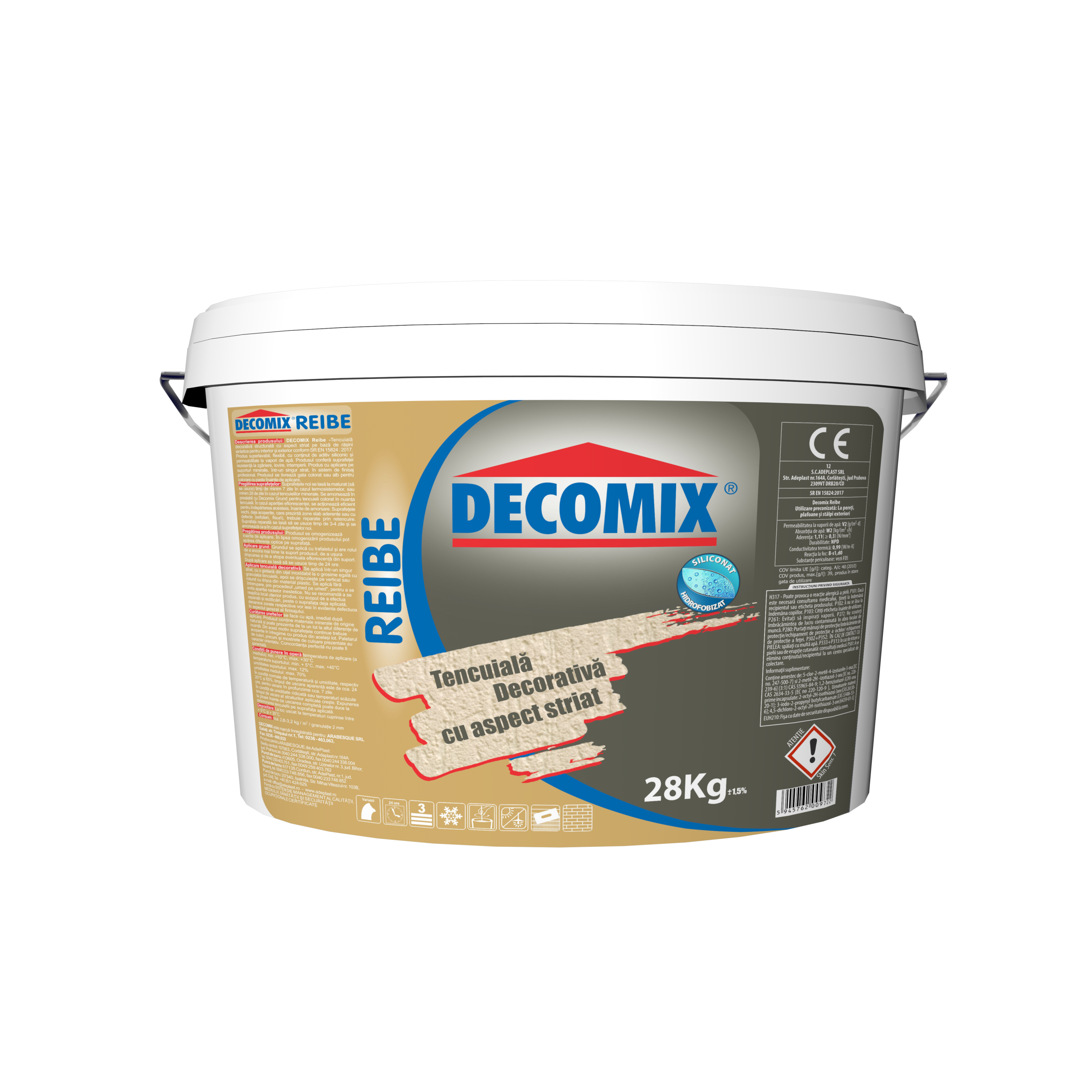 Tencuiala decorativa siliconica Decomix Reibe, aspect scoarta de copac, granulatie 2 mm, exterior, alb, 28 kg