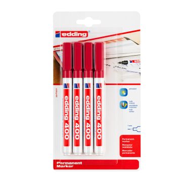 Marker permanent Edding 400, corp plastic, varf rotund, 1 mm, rosu, 4 buc