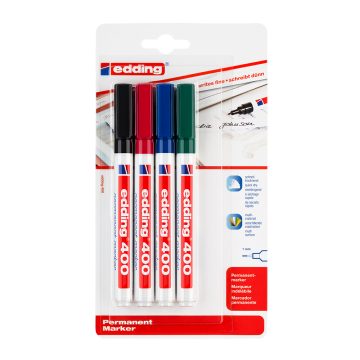 Marker permanent Edding 400, corp plastic, varf rotund, 1 mm, negru, rosu, albastru, verde