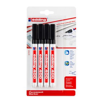 Marker permanent Edding 400, corp plastic, varf rotund, 1 mm, negru, 4 buc