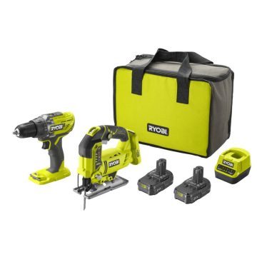 Set unelte Ryobi - Masina de gaurit si insurubat R18DD3-0, Fierastrau pendular R18JS, 2 x acumulator, incarcator si geanta
