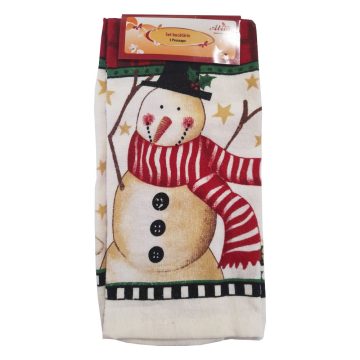 Set 3 prosoape bucatarie Atria, model cu om de zapada, rosu-alb, 38 x 63 cm