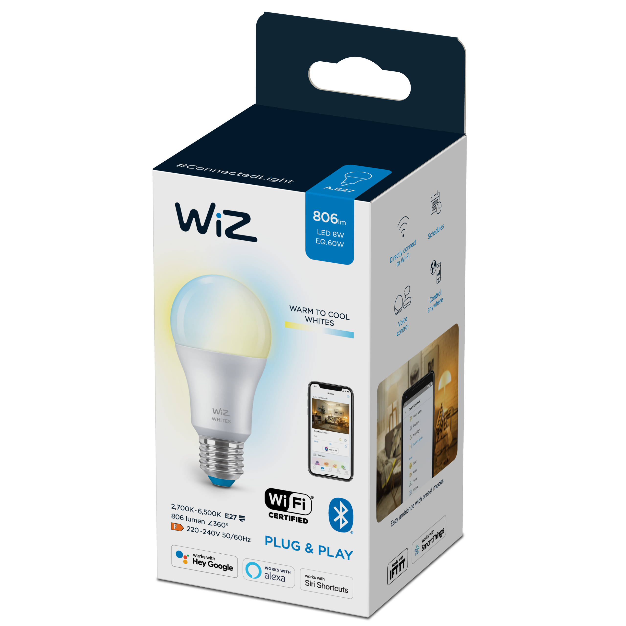 Bec LED, glob, E27, 60 W, 806 Im, 2700k-6500k, cu WIFI Wiz Connected Light, inaltime 122 mm, diametru glob 60 mm