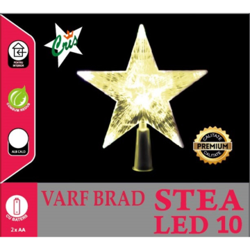 Varf pentru bradul de Craciun Cris, stea, 10 LED-uri, alb, cald, 16 cm, interior, alimentare baterii