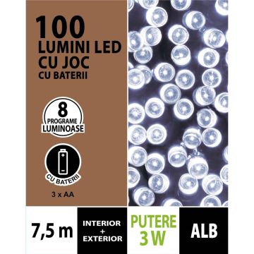 Instalatie brad Craciun Cris, 100 LED-uri alb, 7.5 m, timer, interior / exterior, alimentare baterii