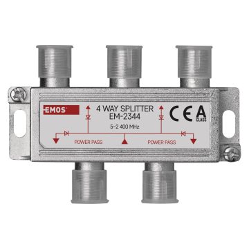 Distribuitor semnal TV Emos, metalic, 1 intrare mama - 4 iesiri mama, 20 x 56 x 25 mm