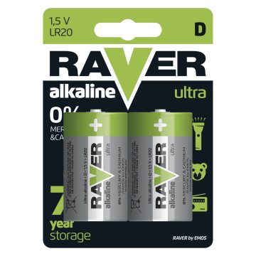 Baterii ultra alcaline Raver, D RUA LR20-B2, 1.5 V, 2 buc/blister