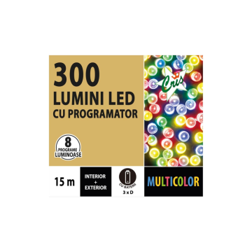 Instalatie brad Craciun Cris, 300 LED-uri multicolore, 15 m, programator, interior / exterior, alimentare baterii