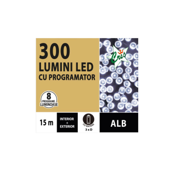 Instalatie brad Craciun, Cris, 300 LED-uri alb rece, 15 m, 8 functii, interior/exterior