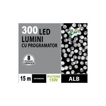 Instalatie brad Craciun, Cris, 300 LED-uri alb rece, 15 m, cu joc, interior/exterior