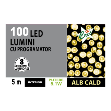 Instalatie brad Craciun Cris, 100 LED-uri alb cald, 5 m, programator, interior, alimentare cu acumulator