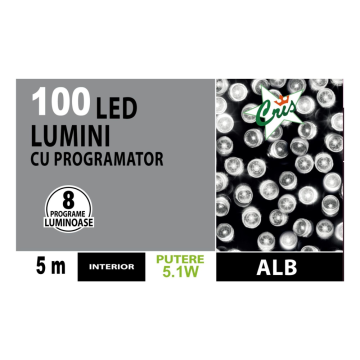 Instalatie brad Craciun Cris, 100 LED-uri alb rece, 5 m, programator, interior, alimentare cu acumulator