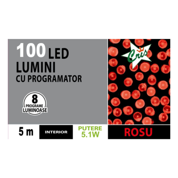 Instalatie brad Craciun, Cris, 100 LED-uri rosii, 5 m, programator, interior, alimentare acumulator