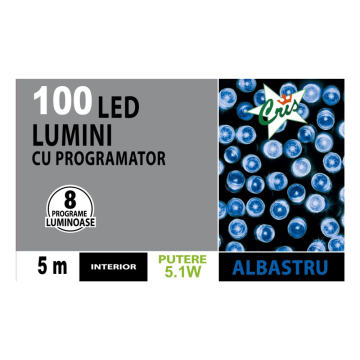 Instalatie brad Craciun, Cris, 100 LED-uri albastre, 5 m, 8 functii, interior