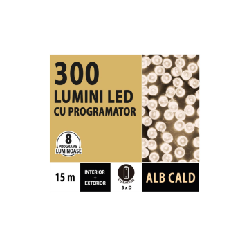 Instalatie brad Craciun, Cris, 300 LED-uri alb cald, 15 m, 8 functii, interior/exterior