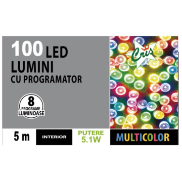 Instalatie brad Craciun, Cris, 100 LED-uri multicolore, 5 m, 8 functii, interior