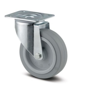 Roata pivotanta carucior poliamida, cauciuc, gri, fara frana, cu placa, pivotanta, 100 mm diametru, 128 mm inaltime totala