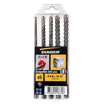 Trusa de burghie Diager SDS-Plus 4G4, cu coada cilindrica, 6-10 mm, 4 piese
