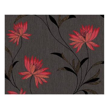 Tapet vlies Atlanta 957202, negru/rosu, model floral, 10 m x 53 cm