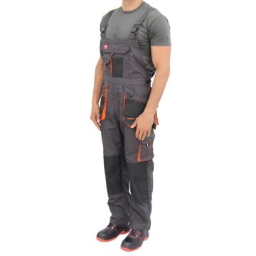 Pantaloni de protectie cu pieptar, tercot, toate sezoanele, gri cu negru, marimea 62