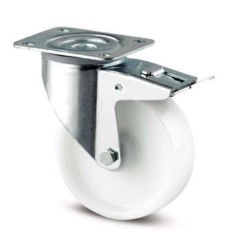 Roata pivotanta, poliamida, janta aluminiu, cu frana tip pedala, sarcina dinamica 350 Kg, alb/argintiu, diametru 200 mm, 240 mm