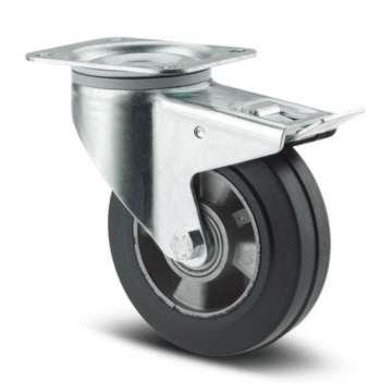 Roata pivotanta, cauciuc plin, janta aluminiu, cu frana tip pedala, sarcina dinamica 350 Kg, negru/argintiu, diametru 160 mm, 200 mm