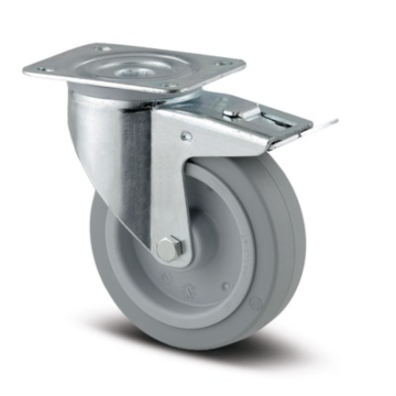 Roata pivotanta, cauciuc plin, janta aluminiu, cu frana tip pedala, sarcina dinamica 250 Kg, gri/argintiu, diametru 125 mm, 155 mm