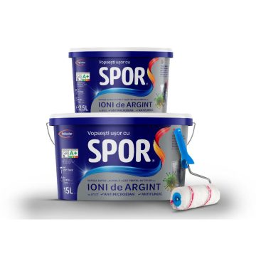 Vopsea superlavabila interior Spor, cu Ioni de Argint, alb, 15 l + 2.5 l + trafalet