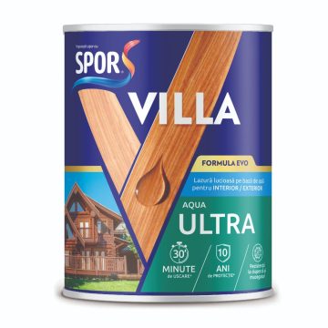 Lazura pentru lemn Spor Villa Aqua Ultra, pe baza de apa, albastru ocean, interior/exterior,  0.75 l