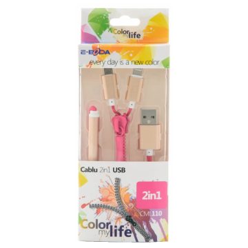 Cablu de date E-Boda CML 110, Micro USB, compatibil iPhone, Roz
