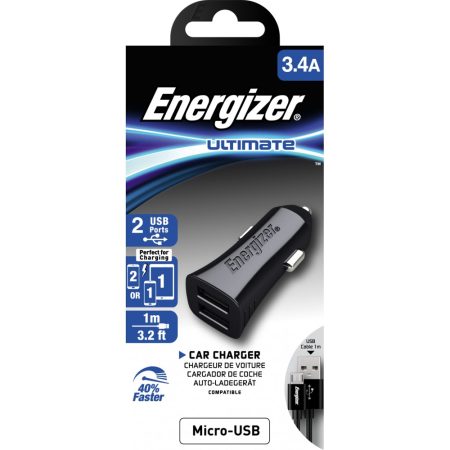 Incarcator auto Energizer, MicroUSB, Dual USB, 3.4A, Negru