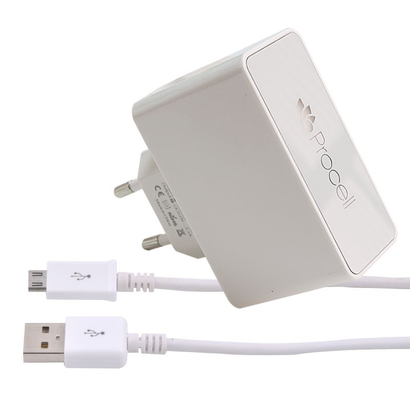 Incarcator de retea Procell, Dual USB 2.1A, microUSB, Alb