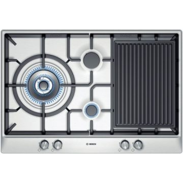 Plita pe gaz Bosch PCX815B90E, Wok, placa gratar, 75 Cm, Inox
