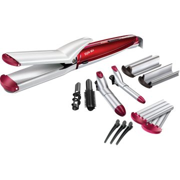 Trusa de coafat Babyliss Multistyler MS21E, 10 accesorii, 180º, Invelis satinat, Rosu/Argintiu