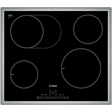 Plita incorporabila cu inductie Bosch PIC645F17E, 4 zone gatit, Rama inox, Touch control, Sticla neagra