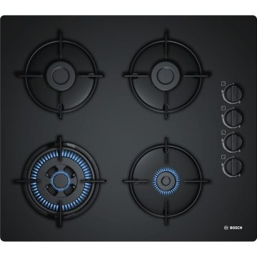Plita incorporabila Bosch POH6B6B10, Gaz, 4 Arzatoare, Aprindere electrica, Negru
