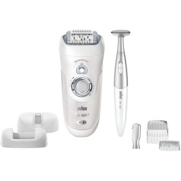 Epilator Braun SensoSmart SE7890, 40 pensete, 2 viteze, Umed/Uscat, Alb/Argintiu
